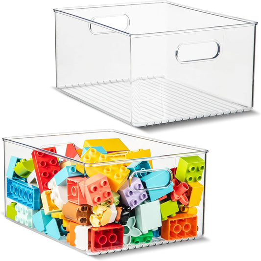 primebox Plastic Food Storage 2 Pack Clear Container Bin with Handles for Organizing Kitchen, Pantry, Refrigerator, Freezer, Pantry, Cabinet, Closet, Bathroom 10”x8”x5”