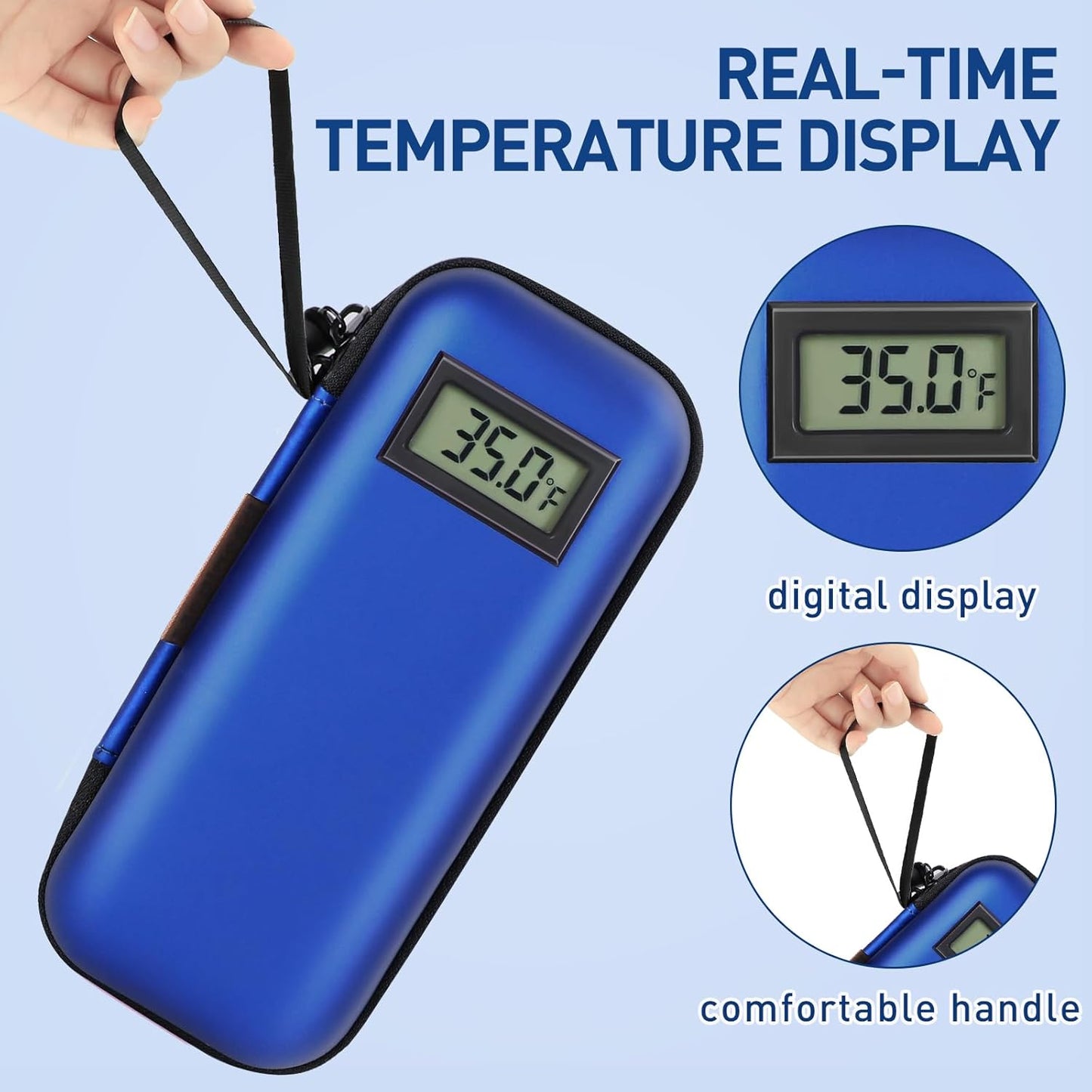 Insulin Cooler Travel Case, Portable Temperature Display Medicine Travel Cooler, Diabetes Case with 2 Reusable Ice Packs TSA Approved for Diabetic Supplies Patent Pending (Blue)