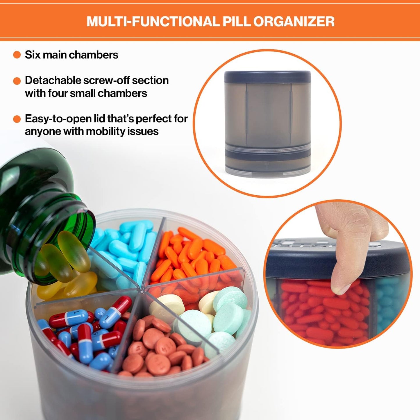 Monster Extra-Large Pill Organizer (5” Tall x 4.25” Wide) – 10 Adjustable Compartments, Easy Dispense Medication & Supplement Dispenser, Monster Fit 10