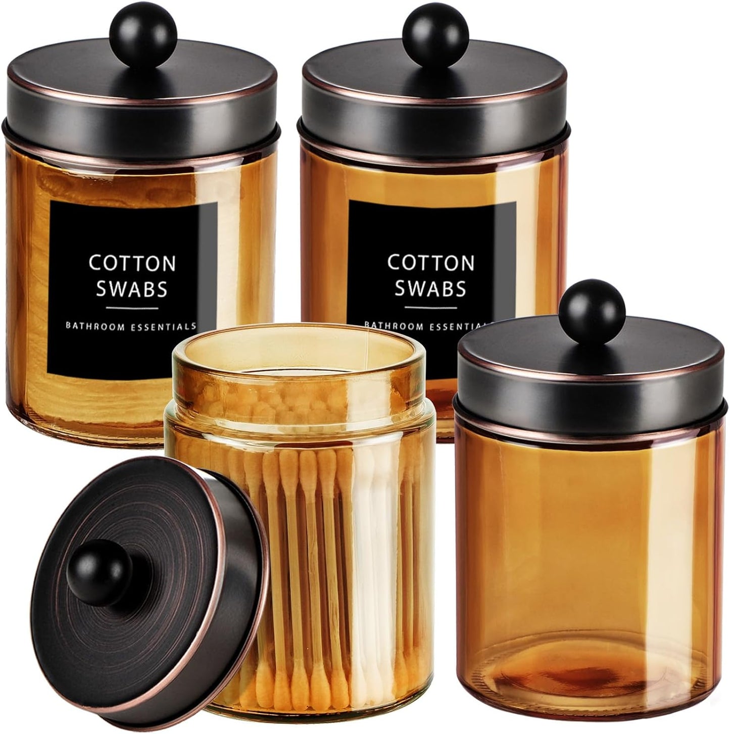 Amolliar Amber Bronze Glass Apothecary Jar With Metal Lid & Labels, Bathroom Qtip Holder Dispenser Storage Canister, Perfect for Cotton Balls, Cotton Swabs, Makeup Pads, Bath Salt, Floss, 4 Pack (ORB)