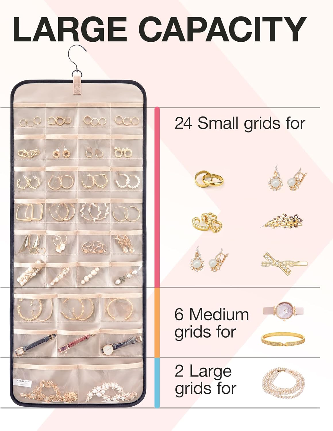 BAGSMART Hanging Jewelry Organizer Storage Roll with Hanger Metal Hooks Double-Sided Jewelry Holder for Earrings, Necklaces, Rings on Closet, Wall, Door, 1 piece, Large, Black