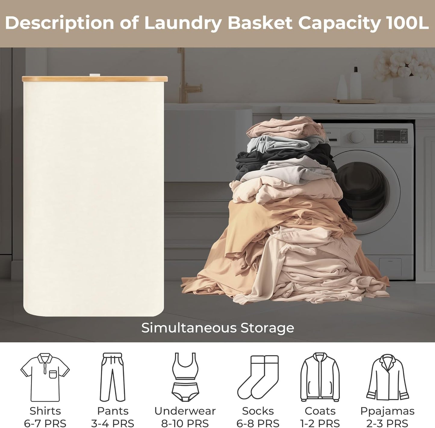 StorageWorks 100L Large Laundry Hamper with Lid, Tall Laundry Basket with Bamboo Handles and 1 Removable Inner Bag, Collapsible Laundry Hamper for Clothing, Towels, Beige, 1-Pack