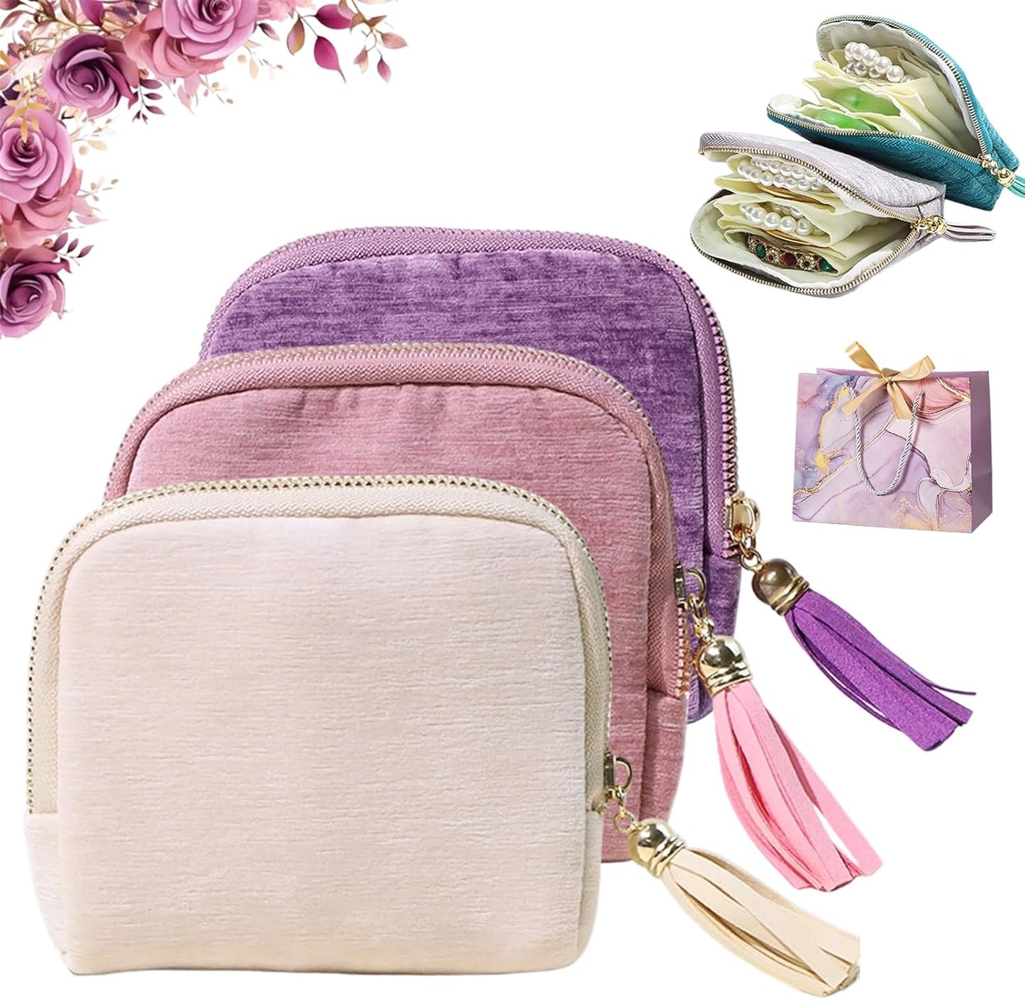 Travel Jewelry Case, Portable Jewelry Storage Bag, Compact Foldable Five Compartments Organizer Pouch with Zipper & Tassel for Earring Necklace Ring Bracelet (3pcs-B)