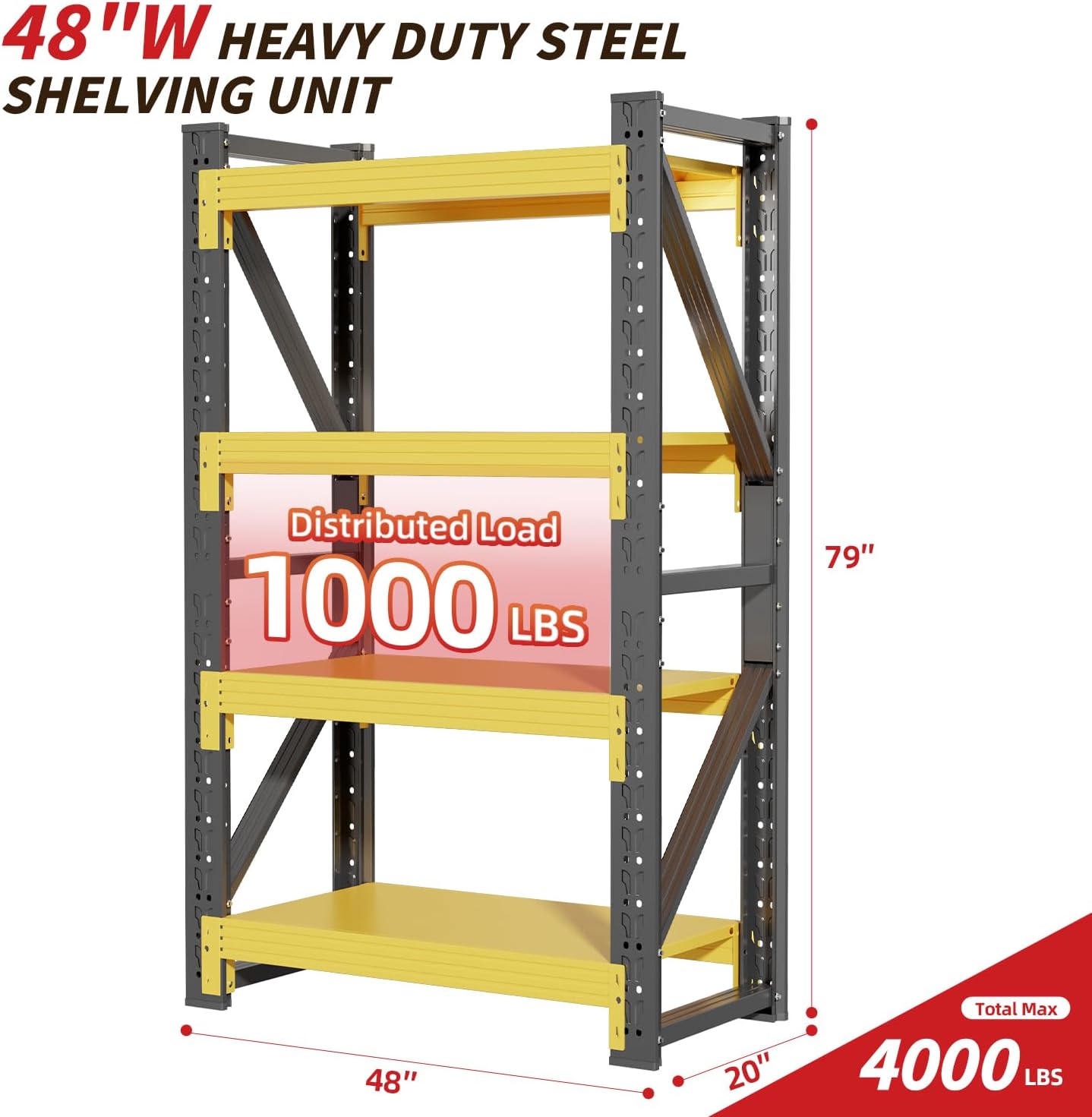 48" W Garage Shelving,4-Tier Heavy Duty Storage Shelves Unit with Adjustable Metal Shelf for Warehouse,Basement,Workshop,4000LBS,48" W x 20" D x 79" H,Black&Yellow