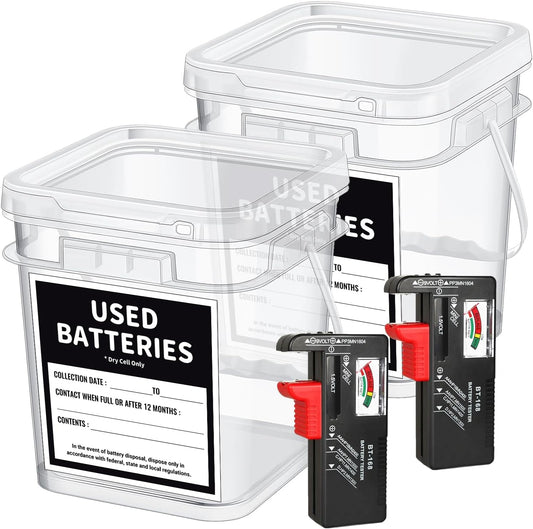 2 Pcs Battery Recycling Container with Battery Testers for Household Batteries, Used Battery Disposal Container with lid for Home Use, Office, Garage, Schools (1.32 Gallon)