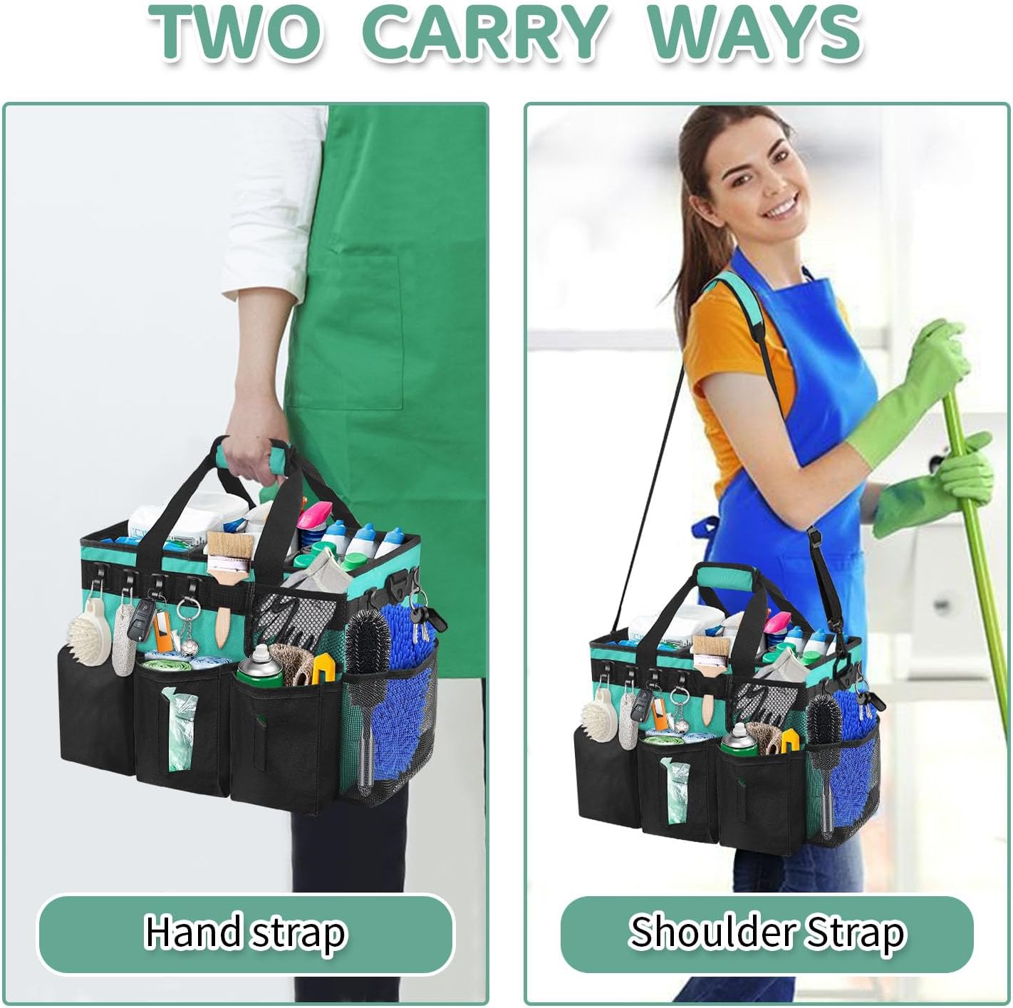 Boczif Cleaning Caddy Bag Wearable, Cleaning Caddy Supplies Organizer with Handle, Shoulder Straps & Detachable Divide, Cleaning Tool Organizers Tote Bag for Cleaners & Housekeepers (Green)