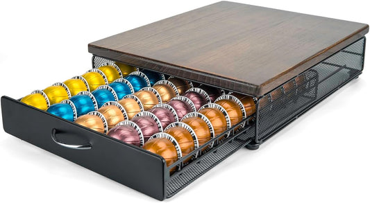 for Vertuo Coffee Capsule Storage Drawer Compatible with Nespresso Vertuoline Pods Holder Metal and Wood Top Organizer (can hold 50 Pods)