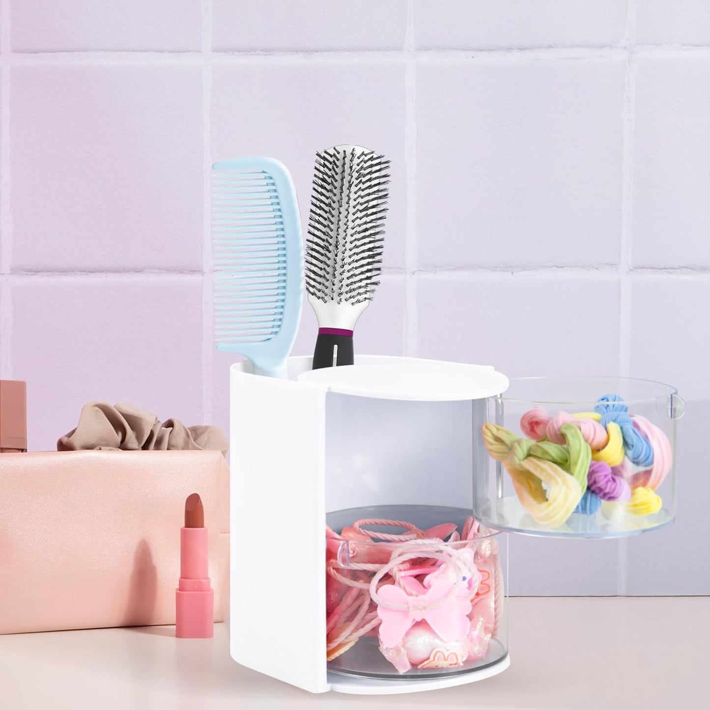 Hair Accessories Organizer with Hair Brush Holder, Rotatable Makeup Brush and Jewelry Storage Box for Hair Clips, Earrings, Necklaces, Bracelets, Rings, and Daily Accessories (White, 2-Layer)