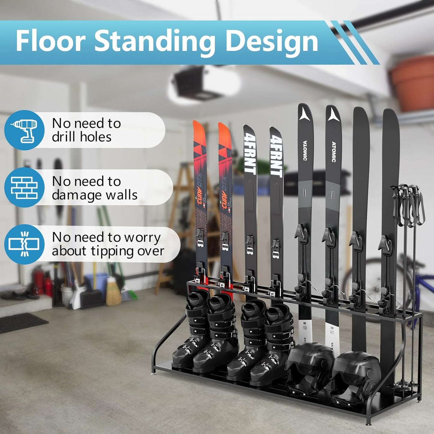 Ski Storage Rack-Holder Garage - Freestanding Ski Equipment Organizer Ski Boot Snowboard Rack Stand Snow Gear Storage