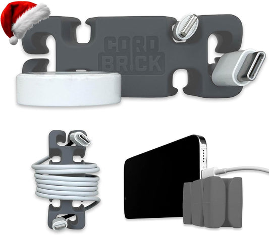 CordBrick Stocking Stuffers for Adults Cord Management Weighted Cord Holder Cable Wrap Phone Stand - Multiuse Gadget Organizer for Nightstand, Desk. Gift for Men, Durable Silicone. Gray