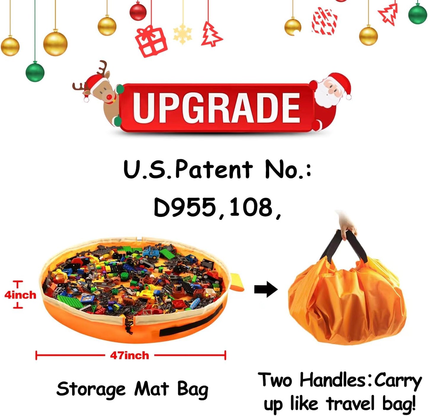 Toy Storage for Lego Play Mat Bag - Duplo Toy Organizer Storage Bag by Drawstring for Kids Tidy Toy with Lips can as Gift (Orange 47 inch)