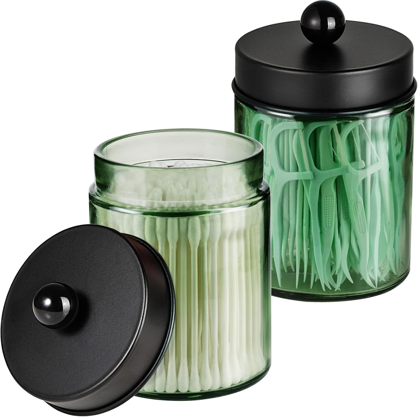 Amolliar Sage Green Glass Apothecary Jar, Qtip Holder Metal Lid & Stickers, Bathroom Qtip Dispenser Storage Canister, Perfect for Cotton Balls, Cotton Swabs, Round Pads, Bath Salt, Floss, Black 2 Pack