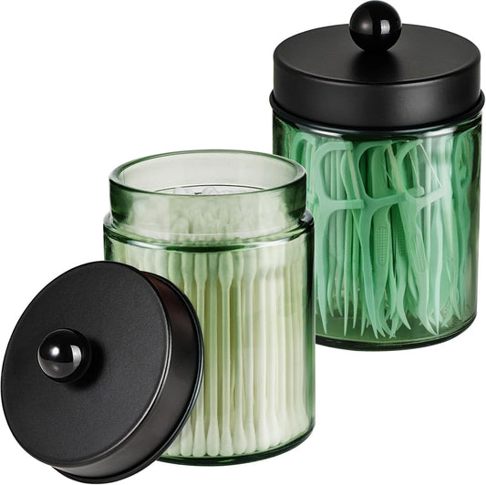 Amolliar Sage Green Glass Apothecary Jar, Qtip Holder Metal Lid & Stickers, Bathroom Qtip Dispenser Storage Canister, Perfect for Cotton Balls, Cotton Swabs, Round Pads, Bath Salt, Floss, Black 2 Pack