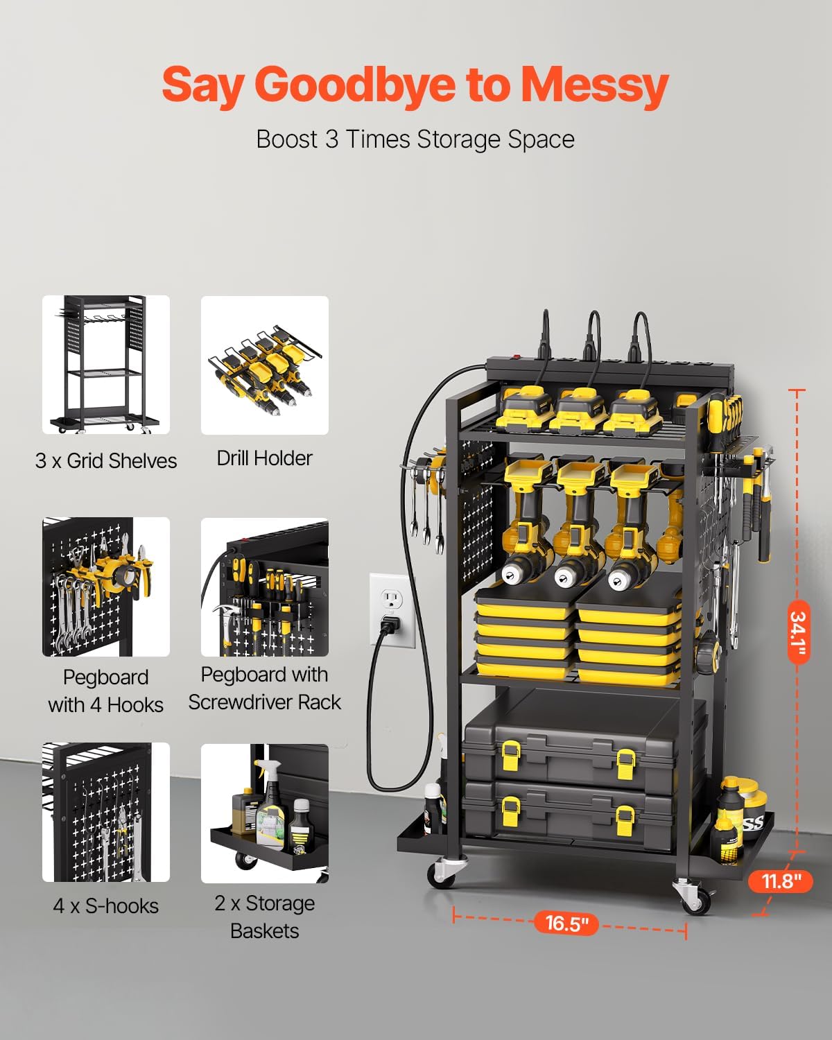VEVOR 4-Tier Tool Organizer Cart with Charging Station, 8 AC Outlet, Floor Stand Rolling Drill Holder and Tool Battery Storage Rack on Wheels, Garage Floor Rolling Storage Cart for Workshop, Garage