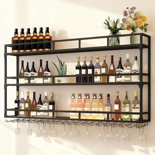 Wall Mounted Wine Rack, Wine Rack Wall Mounted with Wine Glass Rack, Metal Bar Bottle Display Shelf Wine Cups Hanging Holder, for Home Bar Cafe Dining Room Decoration (BLACK, 47.2*10*35.5IN)