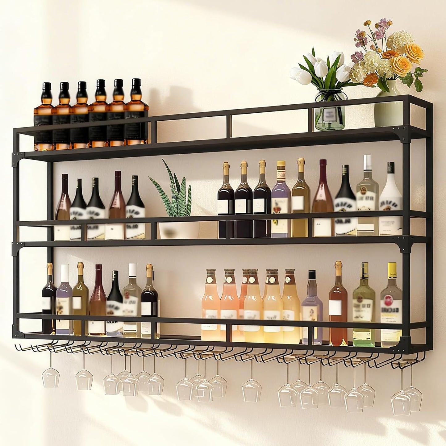70.8in Wall Mounted Wine Rack, Wine Rack Wall Mounted with Wine Glass Rack, Metal Bar Bottle Display Shelf Wine Cups Hanging Holder, for Home Bar Cafe Decoration (Black, 70.8 * 10 * 35.5IN)