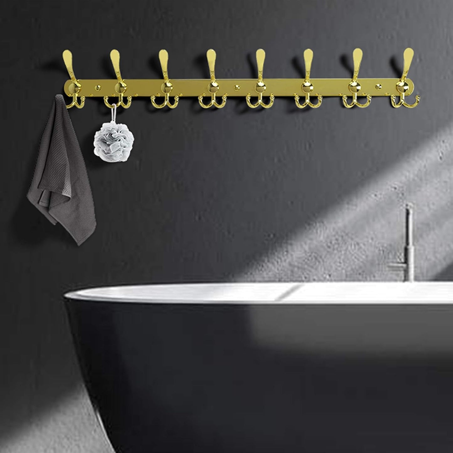 Dseap Coat Rack Wall Mount - 29.5” Long 8-Tri-Hooks Heavy Duty Coat Hanger Rail Wall Hooks for Hanging Coats Hats Clothing Clothes Purse Mudroom Entryway, Gold, Pack of 2