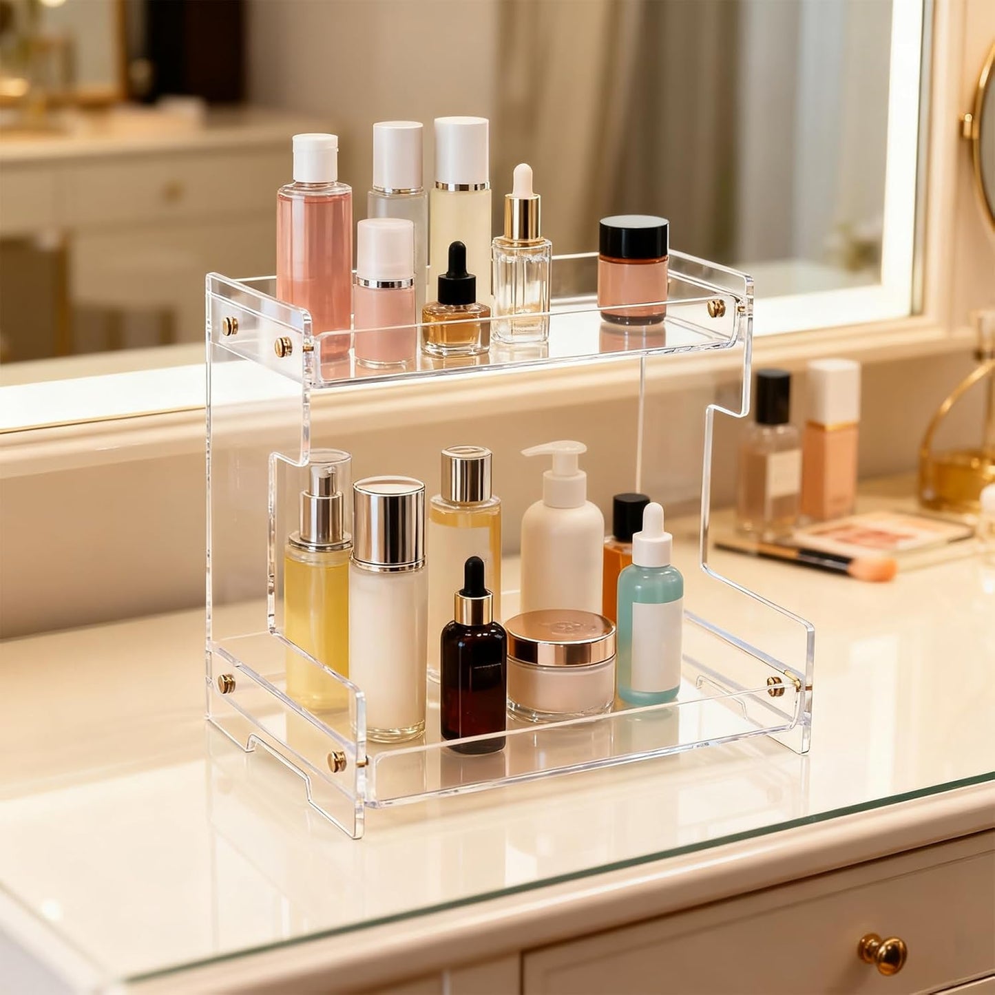 Clear Bathroom Countertop Organizers and Storage,2 Tier Acrylic Cosmetics Stand Vanity Storage Organizer,Large Capacity Corner Shelf for Bathroom,Dresser,Kitchen 11.4" L x 8.3" W x 10.2" H
