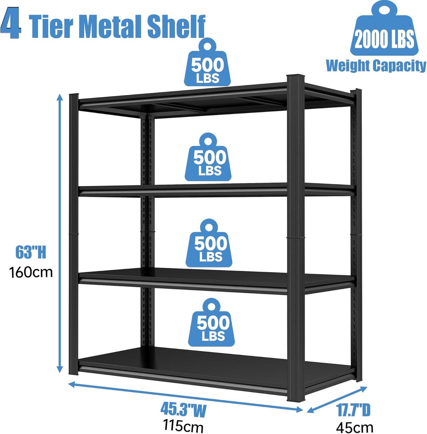 Garage Storage Shelves,5 Tier Shelving Unit, 40 inch Wide, 18” Deep, 78” Tall Organizer Metal Shelf for Basement/Laundry/Pantry Heavy Duty, Adjustable,Easy to Install (4Tier-45"WX18"DX63"H)