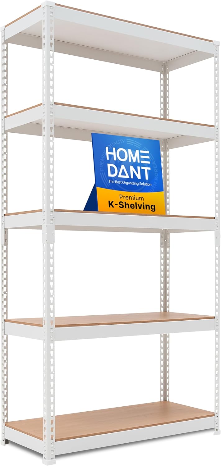 HOMEDANT 5 Tier Storage Shelves Adjustable Laminated Boltless Garage Metal Shelving Unit Heavy Duty Utility Rack Shelf Warehouse Pantry Closet Kitchen (1, (M) 35.9" W, White)