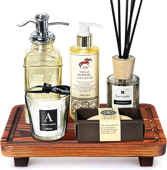 Farmhouse Bathroom Counter Tray Wood Risers Display Stands Kitchen Countertop Trays Decorative Wooden Pedestal Stand Dish Soap Dispenser Holder for Bathroom Sink Accessories Kitchen Decor Vanity Tray