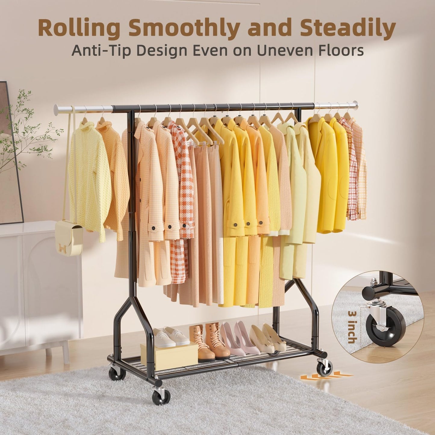 EAGMAK Heavy Duty Clothes Rack Load 424 LBS, Rolling Clothing Rack With Shelves, Adjustable Metal Clothes Hanger with Wheels, Portable Wardrobe Organizer Garment Rod for Hanging Clothes (Black)