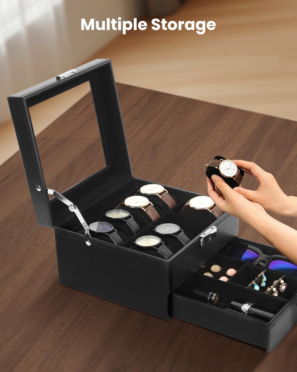 Uten 8-Slot Watch Box, 2-Layers PU Leather Watch Case with Glass Lid, Watch Holder Organizer with Soft Pillow and Velvet Lining, Watch and Jewelry Storage Box, Black