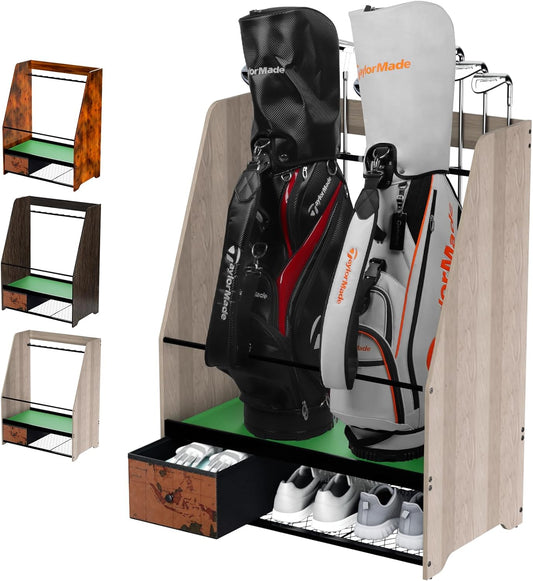 Golf Bag Organizer Rack – Large Wooden Golf Storage for 2 Bags, Clubs & Accessories with Dustproof Drawer, Sports Equipment Rack for Garage, Practice Room, Home or Office (Black)