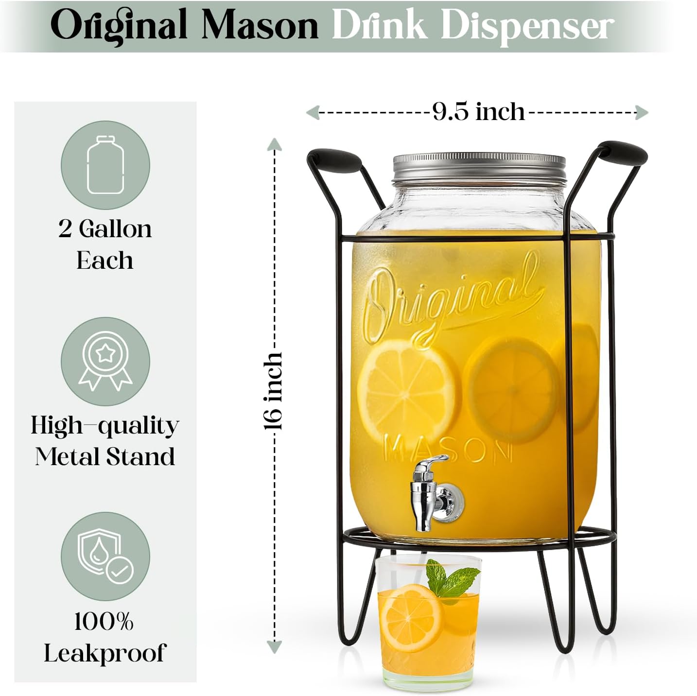 2 PACK-2 GALLON Drink Dispensers for Parties, Drink Dispensers for Parties, Original Mason Beverage Dispensers with Stand, Glass Water Jug Dispenser, 100% Leakproof Spigot Perfect For And Daily Use