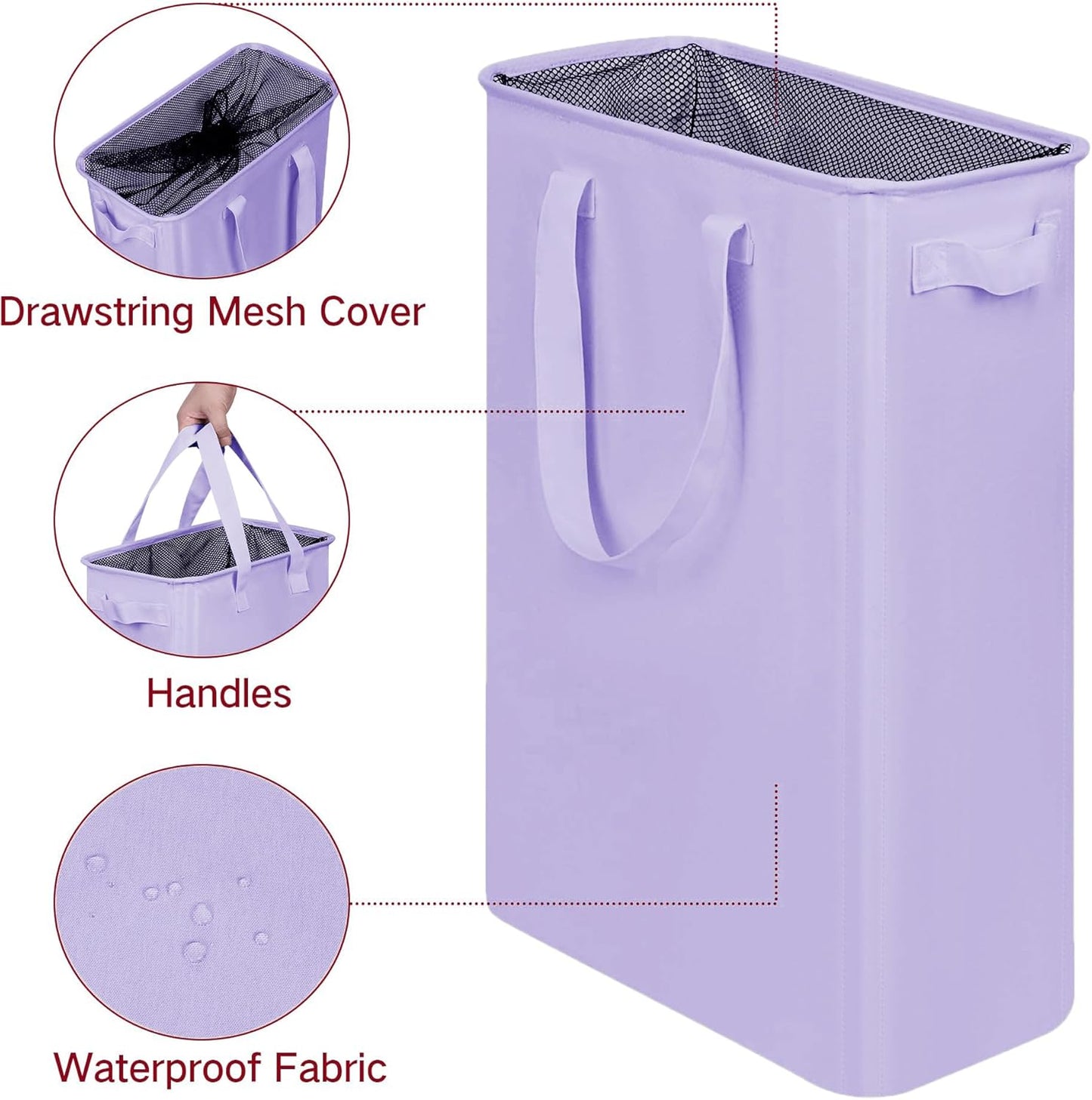 efluky Slim Laundry Basket, Narrow Laundry Hamper with Handles, Collapsible Dirty Clothes Hamper, Tall Laundry Bin for Laundry Room, Dorm and Bedroom, 12.7 Gallons(48L) Light Purple