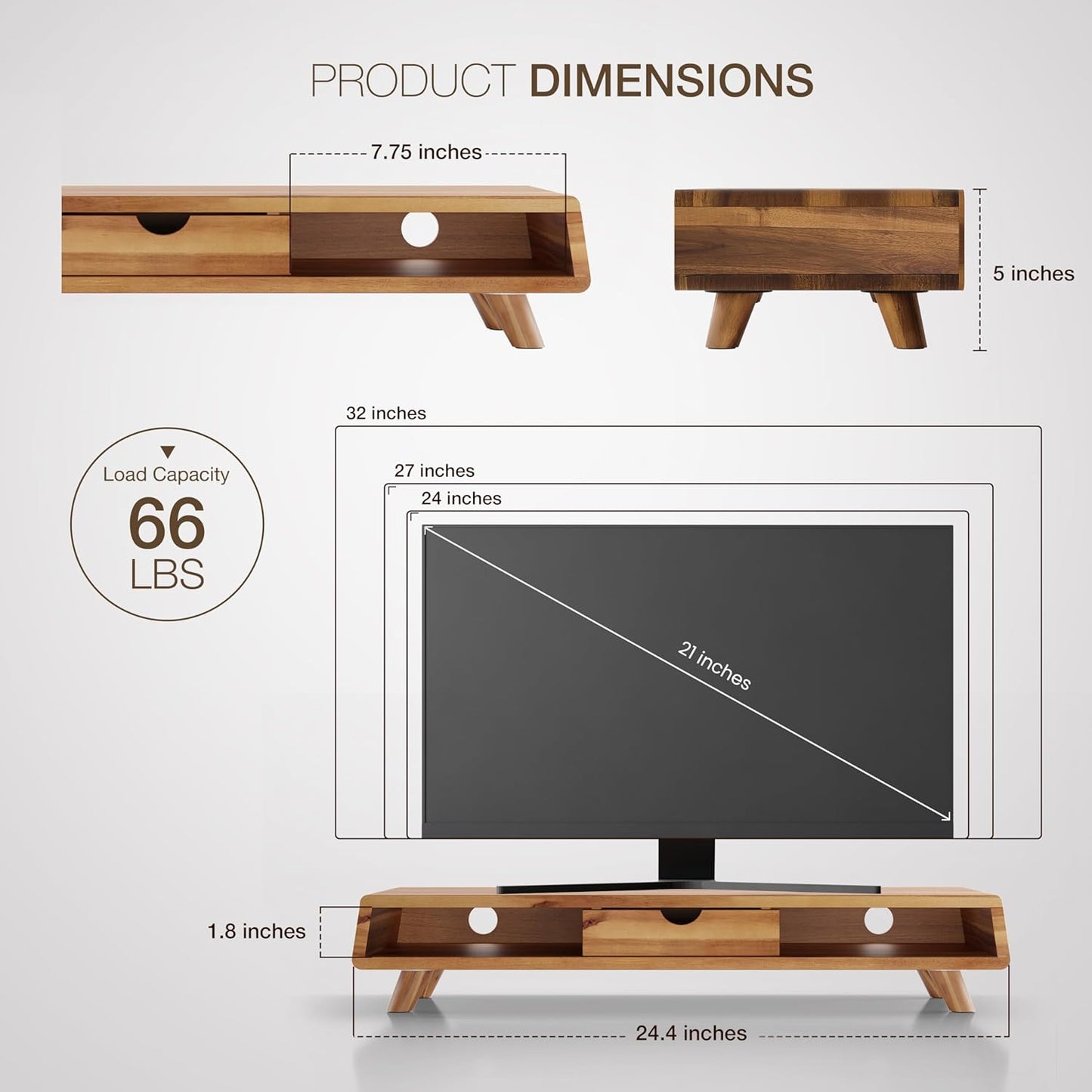 TINAMO Acacia Wood Monitor Stand with Drawer - Wooden Monitor Riser for Desk - Computer Monitor Stand for Desk - Multi-Purpose Desktop Storage Stand for Computer; Laptop; Printer; TV - 24.4 " x 8" x 5" (Patent Pending) (Acacia, 24.4 " x 8" x 5")