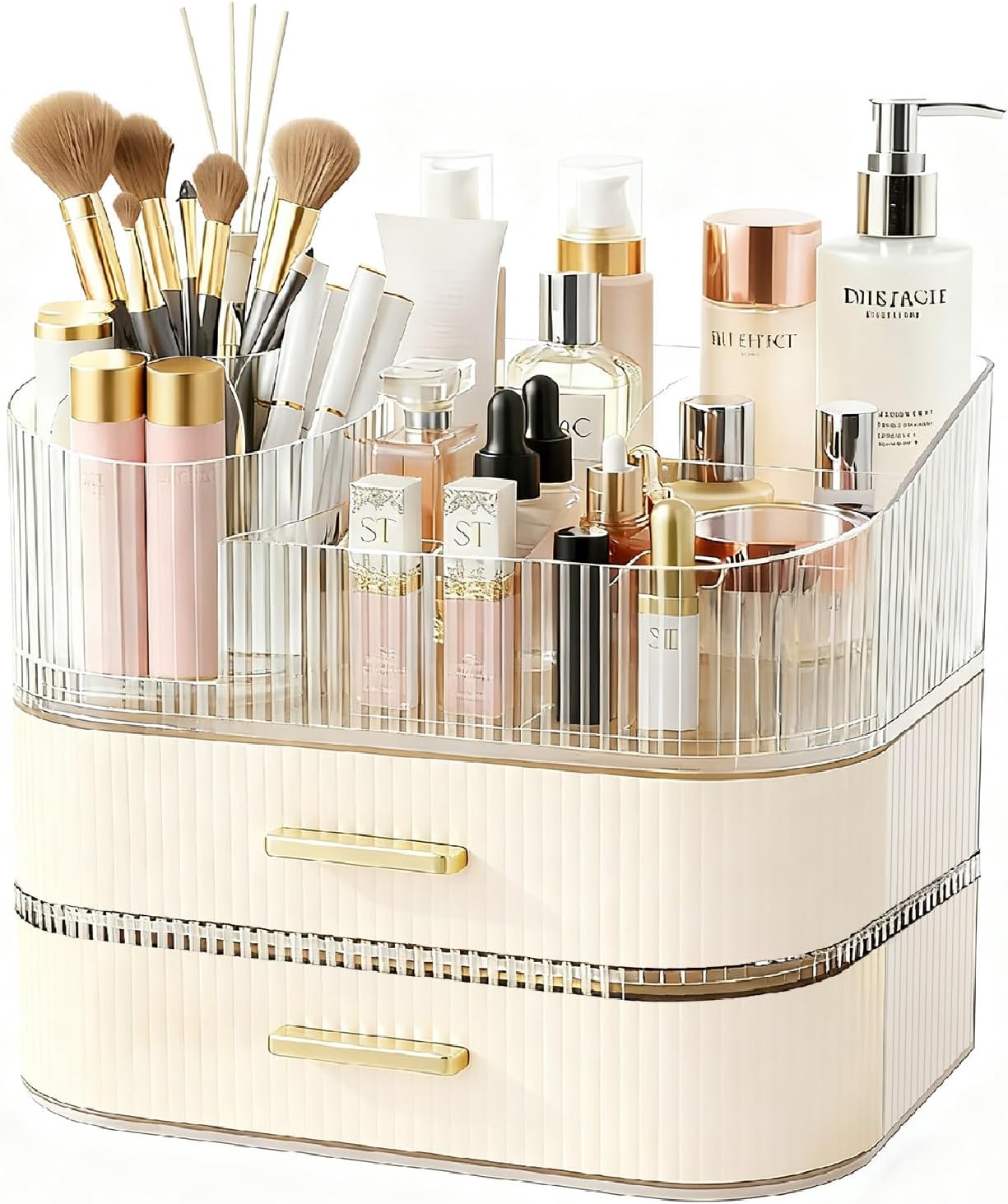 Makeup Organizer for Vanity with Stackable Drawers, 360 Rotating Makeup Brush Holder Large Cosmetic Display Case for Dresser, Bathroom Countertop Skincare Organizers and Storage (3-layer)