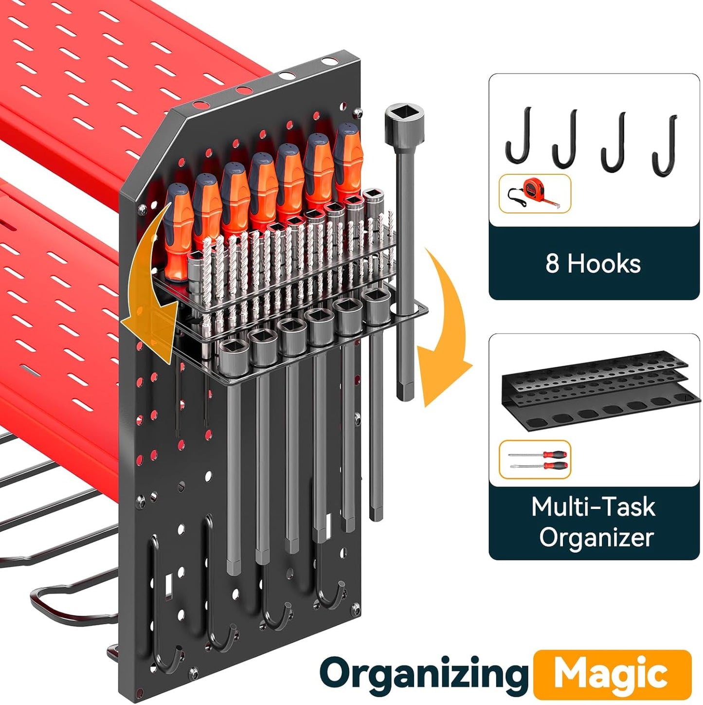 Warome Garage Tool Organizer Wall Mount with Charging Station, Power Tool Organizer with Large 8-Outlet Power Strip, Tool Storage Rack with 8 Cordless Drill Holders, Battery Utility Rack in Red