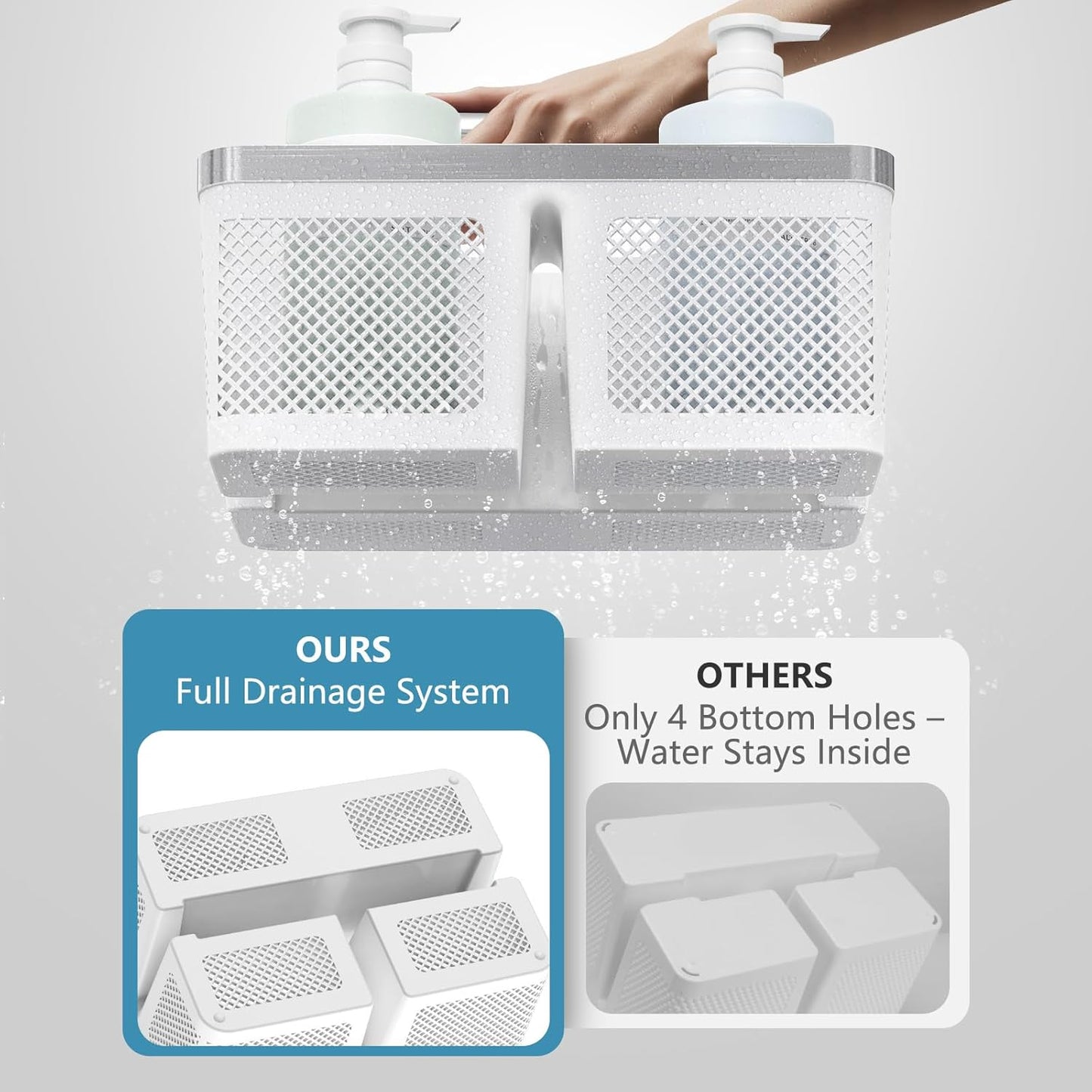 Plastic Shower Caddy Dorm: Portable Bathroom Caddy Organizer with Handle and Holes, Cleaning Basket, Hard Shower Basket Storage Tote for Toiletry, College Dorm Room Essentials White/Silver