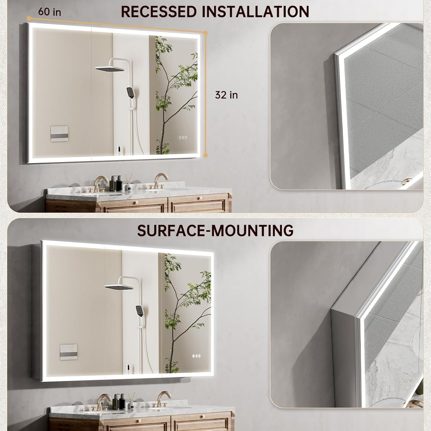 60"x32" Medicine Cabinet Mirror, LED Lighted Medicine Cabinet with Electrical Outlet＆USB, Anti-Fog, 3 Colors Temperature Stepless Dimmable, Aluminum Cabinet for Storage and Mordern Decor
