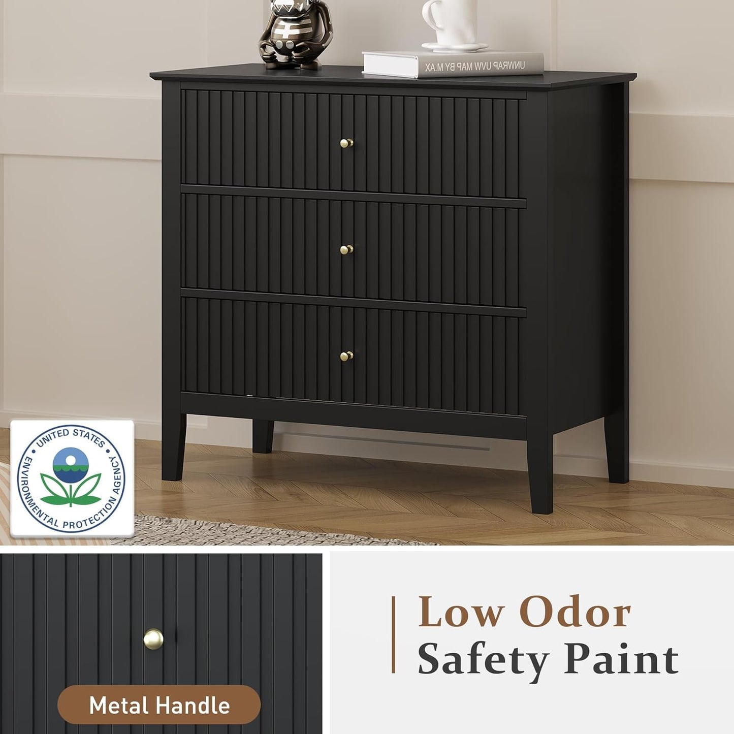 RoyalCraft Large 3 Drawer Dresser Set of 2, Fluted Chest of Drawers with Storage, Modern Painted 30 inch Tall Nightstand for Bedroom Living Room Entryway, Black