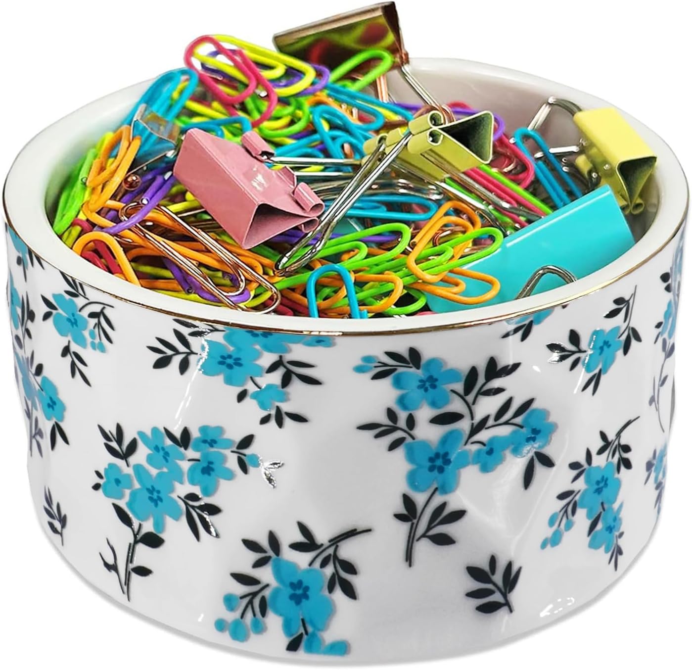 Paper Clip Holder Ceramic Paper Clip Holders Floral Paperclips Holder Dispenser Cute Gold Line Paper Clip Organizer for Desk Binder Clip Holder Bobby Pin Hair Gift for Office Teal Flowers