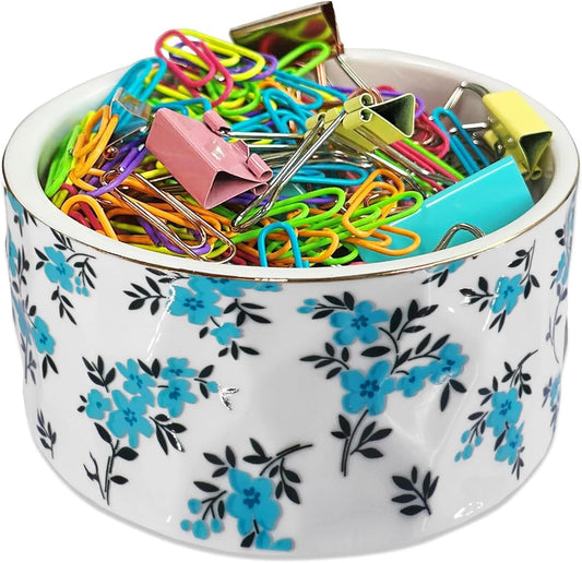 Paper Clip Holder Ceramic Paper Clip Holders Floral Paperclips Holder Dispenser Cute Gold Line Paper Clip Organizer for Desk Binder Clip Holder Bobby Pin Hair Gift for Office Teal Flowers
