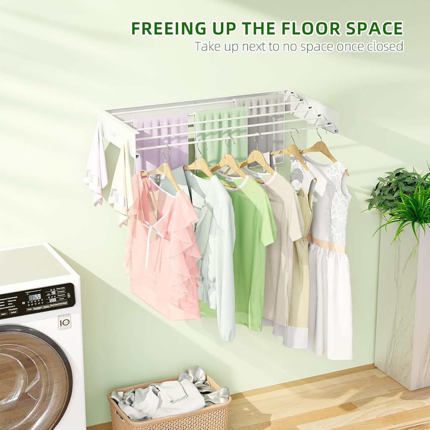 Wall Mounted Drying Rack for Laundry 31.5'', Folding Clothes Drying Rack Wall Mount with 5 Rods and 6 Hooks, Space Saving Collapsible Towel Rack for Indoor Outdoor Bathroom Balcony (White, 31.5'')