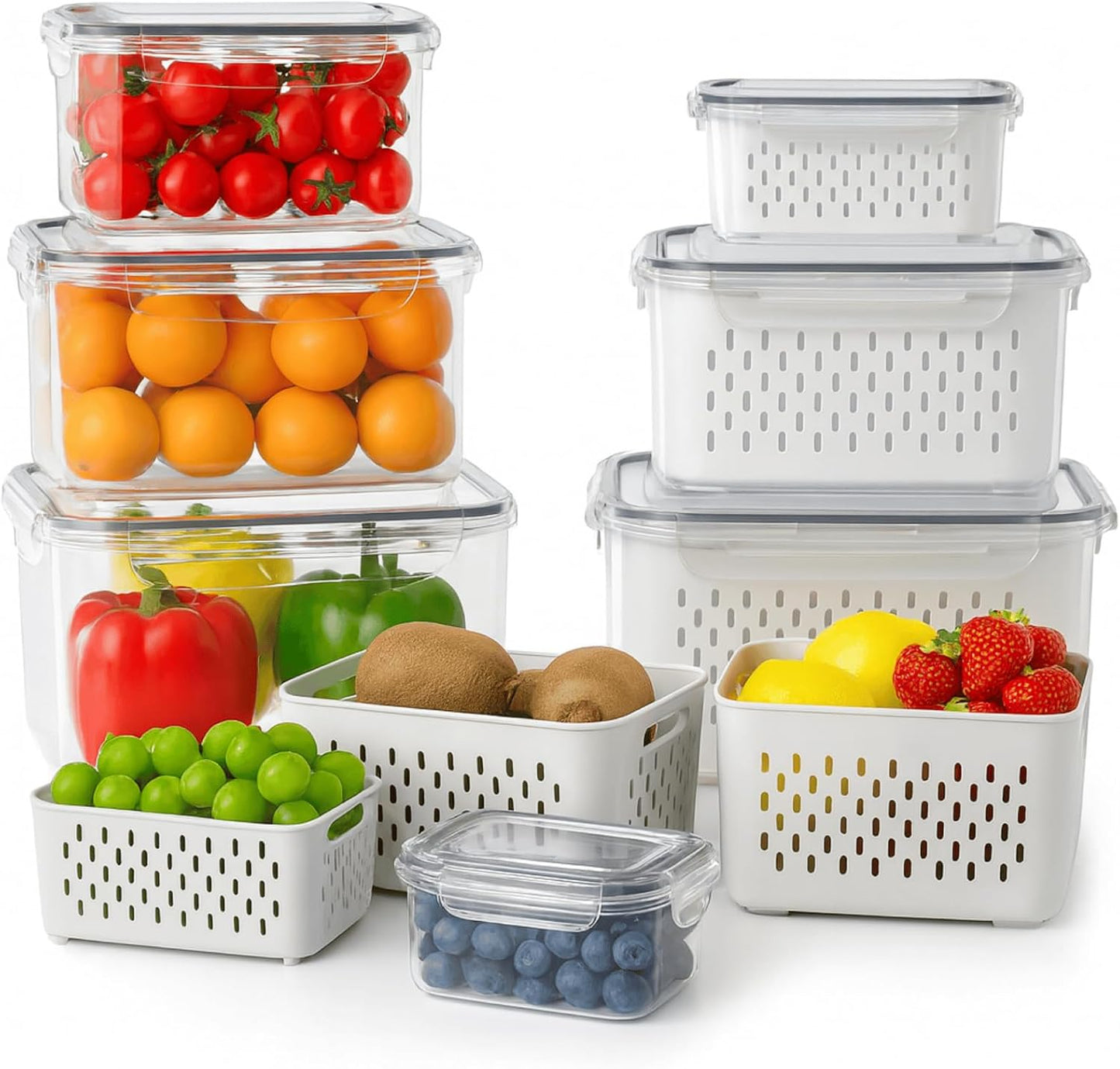 4 Pack Food Storage Containers with Lids – Refrigerator Organizer with Removable Colander & Drain Basket, Airtight Produce Saver for Fruits & Vegetables