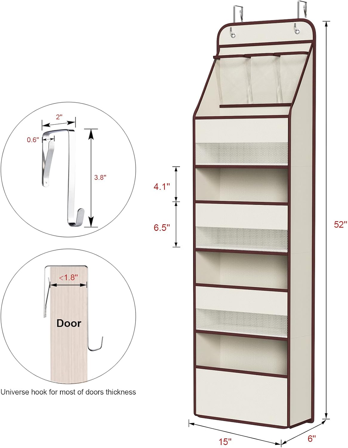 Univivi 5-Shelf Fabric Door Storage Over Door Hanging Organizer with 4 Large Pockets and 3 Small PVC Pockets Nursery Closet Cabinet Wall Mount Hanging Storage Organizers for Baby Nursery (Beige)