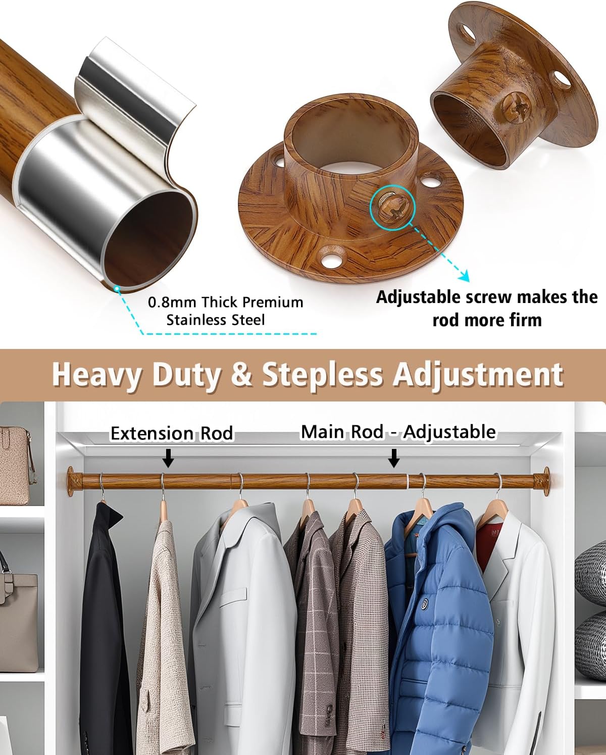 Closet Rods for Hanging Clothes, 17-28 Inch Heavy Duty and Stepless Adjustable Closet Poles, Stainless Steel Closet Hanging Rod for Wardrobes, Laundry Room, Bathroom, RV (Wood-Grain Finish)