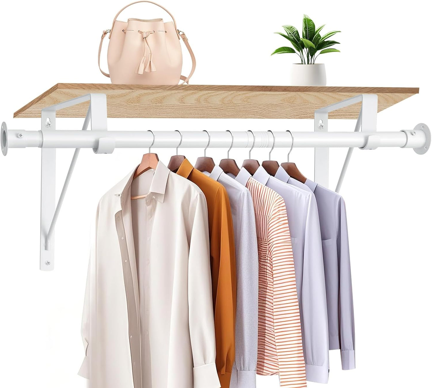 Closet Rod, 16 to 75 Inch Clothes Rods Heavy Duty Adjustable Clothes Rods for Hanging Clothes and Heavy Duty Clothes Rod Bracket Closet Rod Support (White)