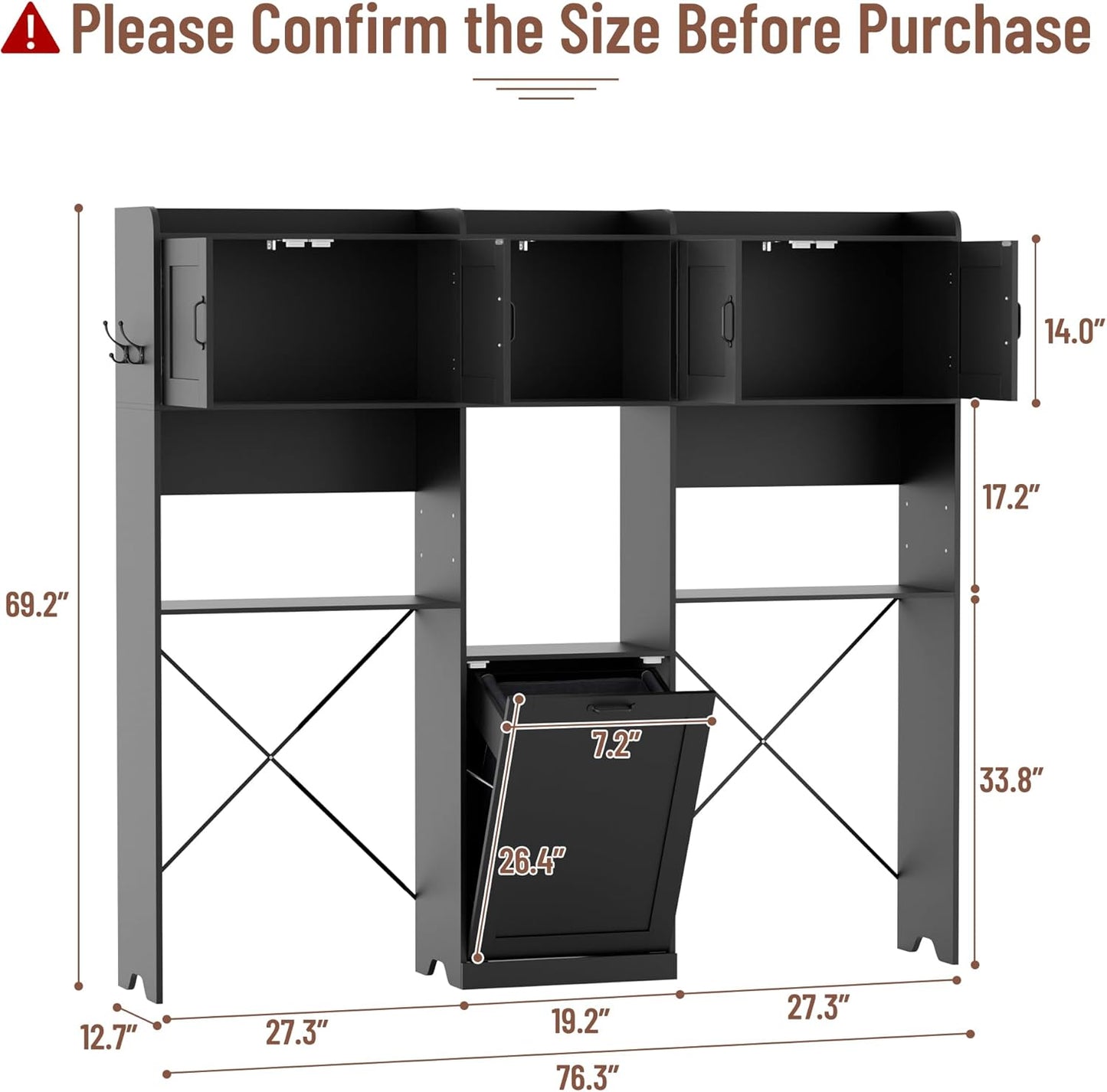 Over The Washer and Dryer Storage Cabinet, Laundry Room Organizer Standing Shelf with Tilt-Out Laundry Hamper Cabinet and Hooks, Space Saving Laundry Room Cabinets