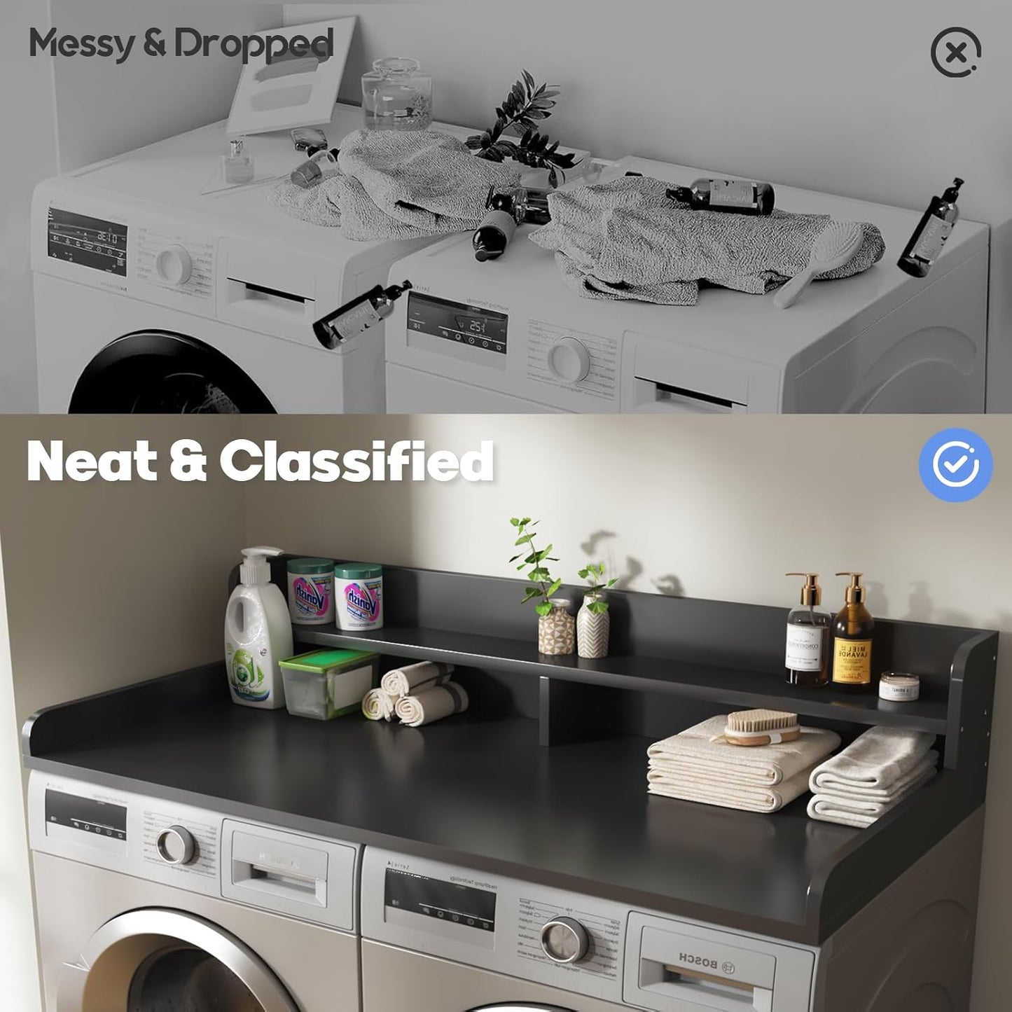 2-Tier Washer and Dryer Countertop with 2.75" H Guard,58" W x 28" D Laundry Countertop Cover with Non-Slip Pad,Large Space Laundry Topper for Folding Clothes Over Washer and Dryer-Black