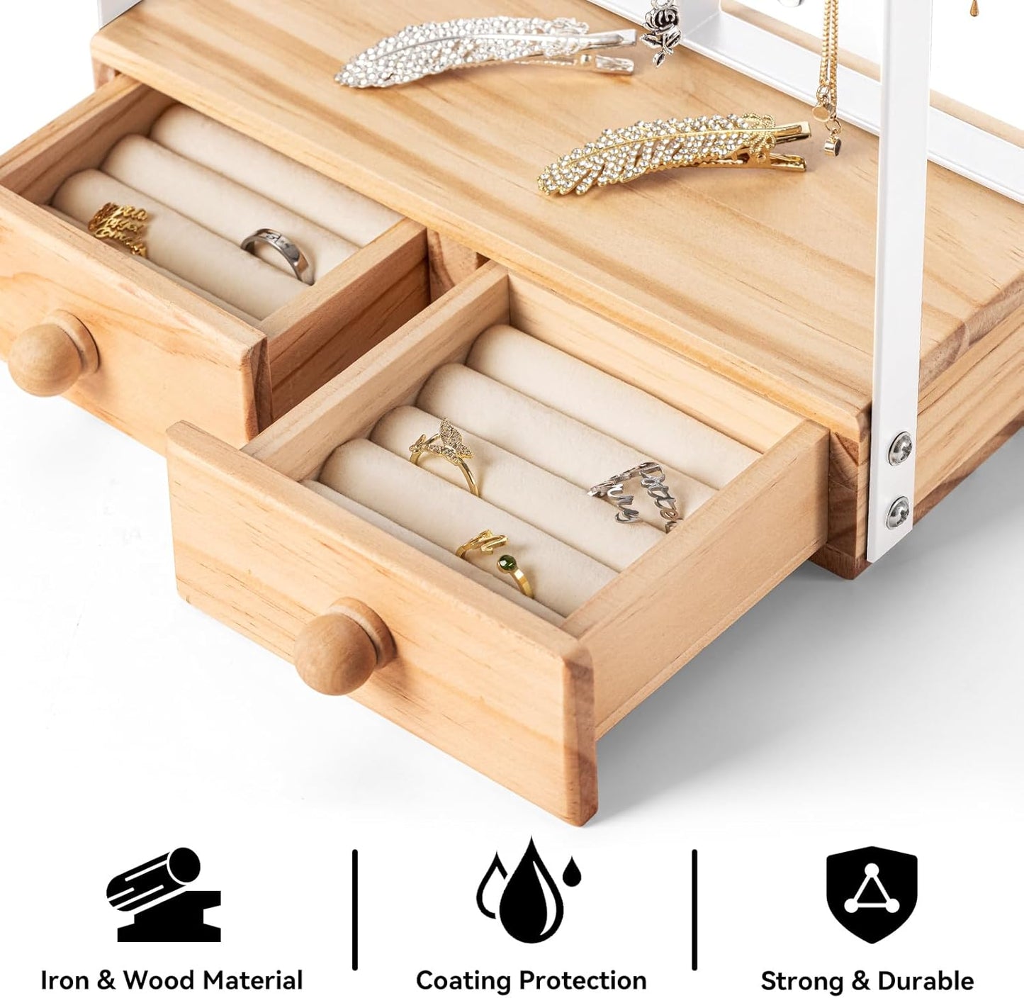 DreamGenius Jewelry Organizer Stand with 2 Velvet Ring Holder Drawers, 5 Tier Jewelry Holder Organizer with 11 Hooks for Necklaces and 145 Holes for Earrings, White