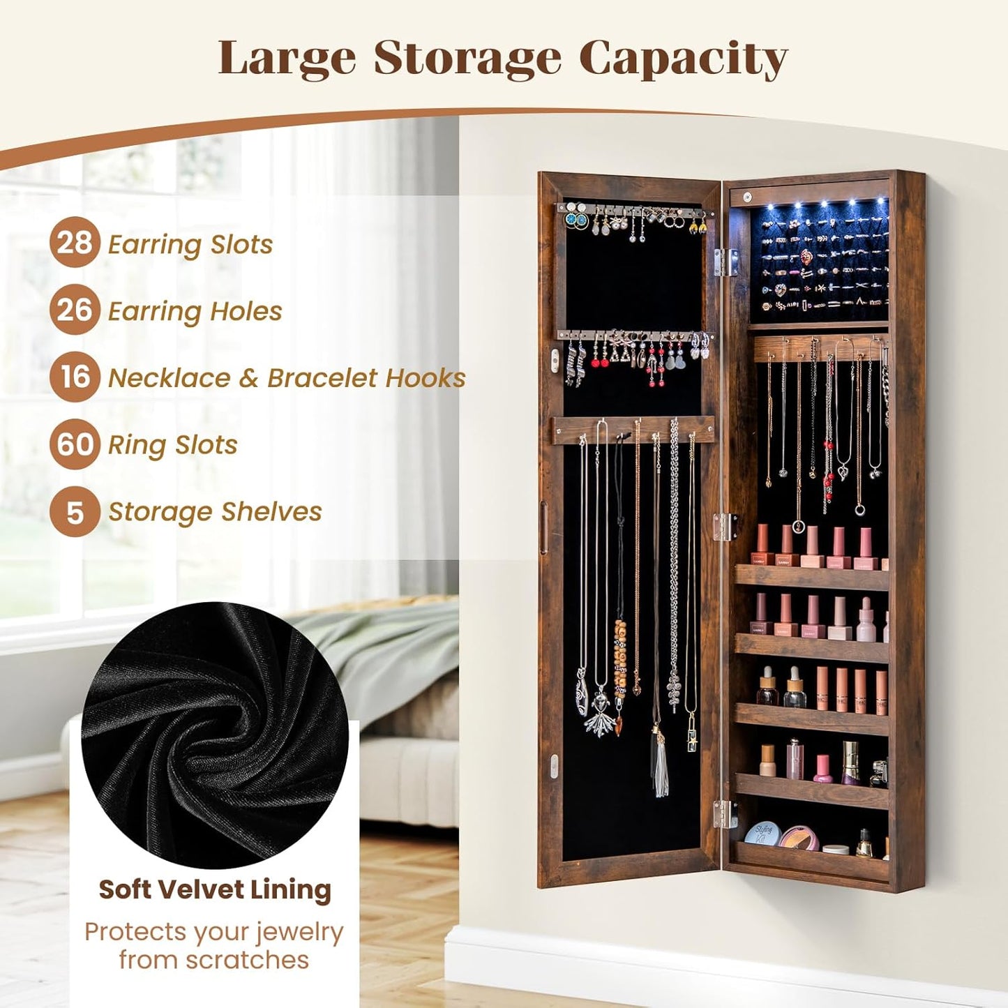 Giantex Wall or Door Mounted Jewelry Cabinet with Full Length Mirror, Over The Door Jewelry Armoire Organizer with Lights, Large Storage with Necklace Hooks, Earring Slots & Shelves (Rustic Brown)