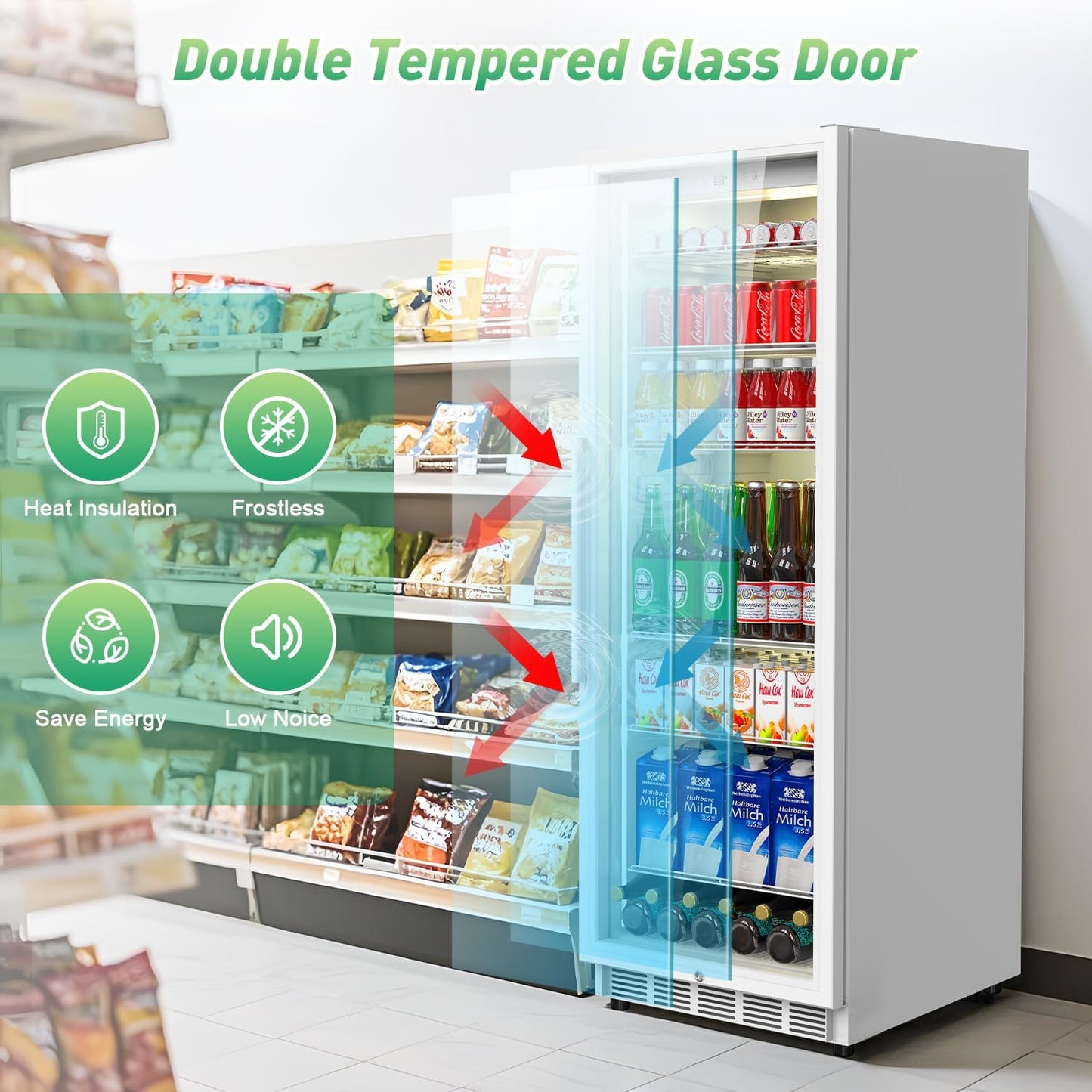 Commercial Merchandiser Refrigerator, 13.8 Cu Ft Display Beverage Fridge with Glass Door Upright Cooler with LED Light Low Noise, Fast Cooling for Shop, Restaurant, Office (White)