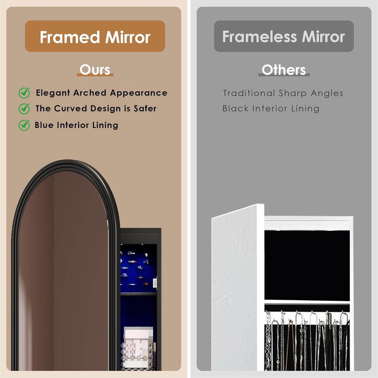 47in Tall Jewelry Cabinet Organizer, Arched Wall or Door Mounted Jewelry Armoire with Full-Length Mirror, 6 LEDS Lockable Hanging Mirror Cabinet with Storage, 2 Drawers, Women Girls Gifts,Black