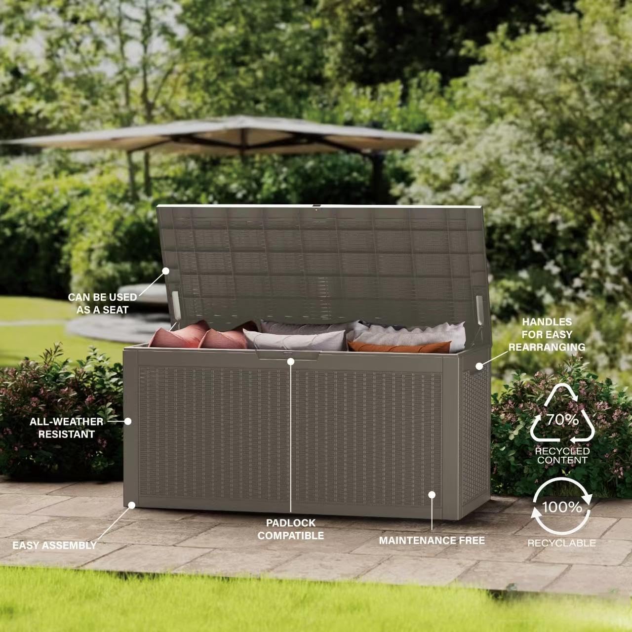 TARKARI 100 Gallon Lockable Resin Deck Box, Waterproof & UV-Resistant Outdoor Storage Box for Outdoor Cushion Storage, Garden Tools & Pool Accessories Storage, Gray